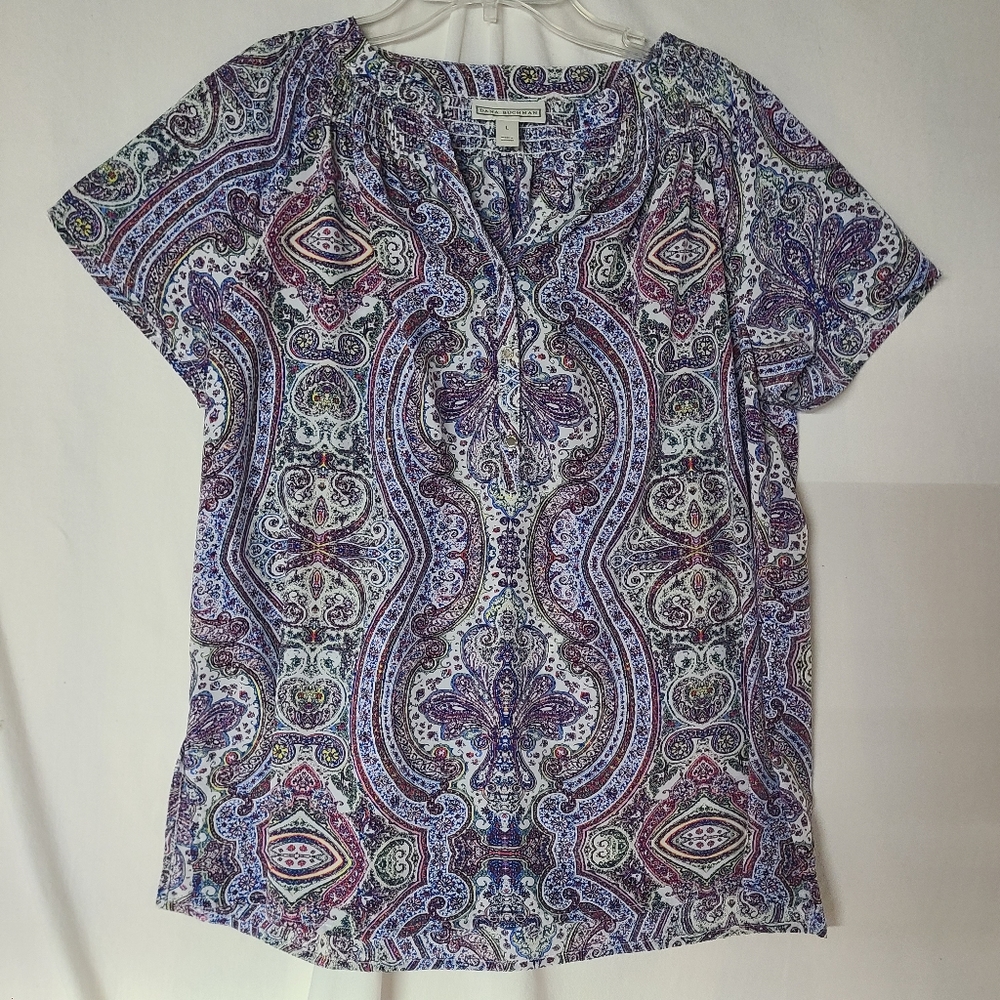 Dana Buchman Large Multicolored Short Sleeve Button Down Top